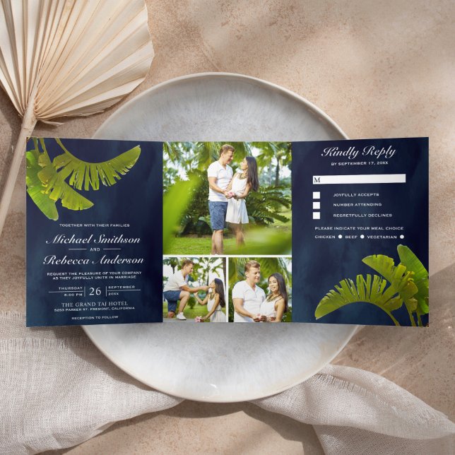 Convite Com Dobra Tripla Folhas de Banana Tropical 3 em 1 Casamento Azul Ma (Criador carregado)
