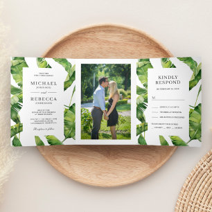 Convite Com Dobra Tripla Folhas de Banana Verdes e Brancas Casamento Tropic