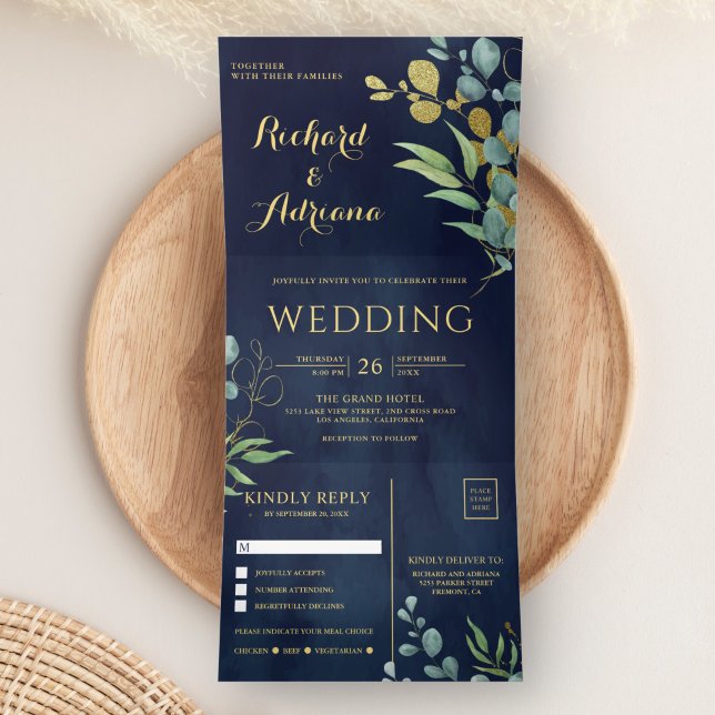 Convite Com Dobra Tripla Folhas de Eucalipto do Ramo Dourado Casamento Azul (Criador carregado)