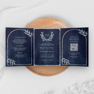 Convite Com Dobra Tripla Folhas de Louro de Prata Casamento Azul Marinho