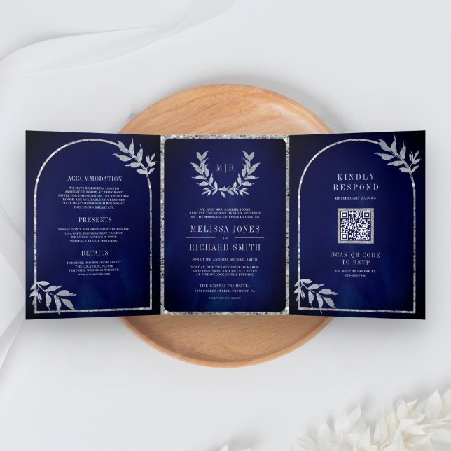 Convite Com Dobra Tripla Folhas de Louro de Prata Grinalda Azul Real Casame (Criador carregado)