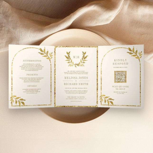 Convite Com Dobra Tripla Folhas de Louro Dourado Creme Casamento (Criador carregado)