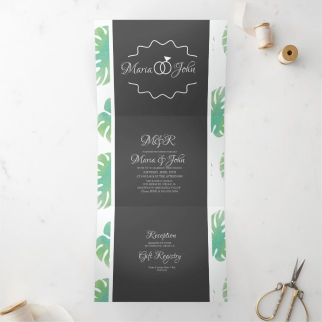 Convite Com Dobra Tripla Folhas de Monstera Verde em Aquarela Moderna para  (Dentro)