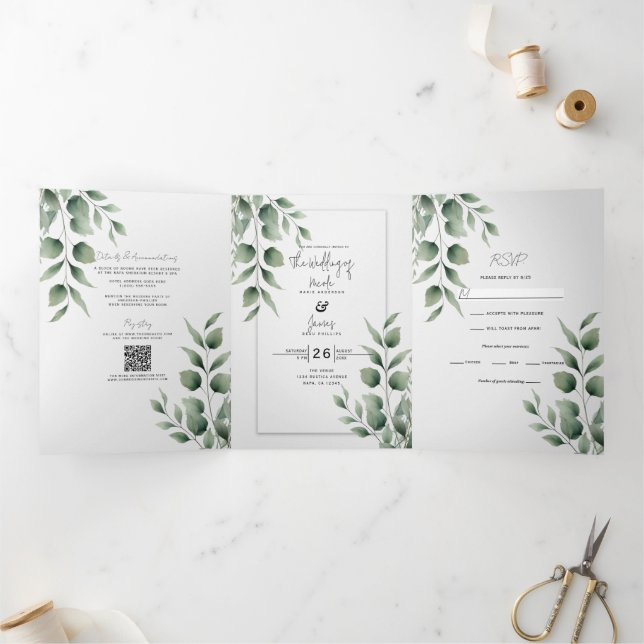 Convite Com Dobra Tripla Folhas de Verdura Mínima Casamento Branco Moderno (Dentro)