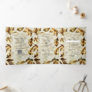 Convite Com Dobra Tripla Folhas Douradas Bege Glam Casamento Outono