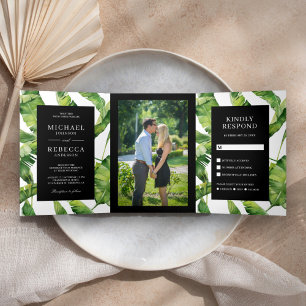 Convite Com Dobra Tripla Folhas Tropicais de Banana Verde e Preta Casamento