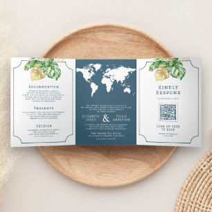Convite Com Dobra Tripla Folhas Tropicais Mapa Mundial Casamento Azul Empoe