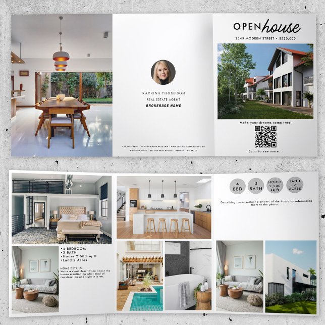 Convite Com Dobra Tripla Folheto de Fotos do Open House Imobilizado (Open House Real Estate Just Listed Photos Brochure Tri-Fold Invitation)