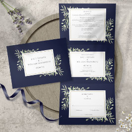 Convite Com Dobra Tripla Folia Verde Botânica Azul Marinho Foto Casamento