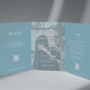 Convite Com Dobra Tripla Foto azul Dusty RSVP detalhes QR