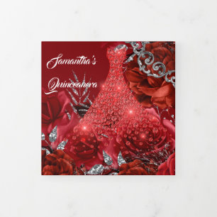 Convite Com Dobra Tripla Foto de aniversário floral da rosa de prata vermel