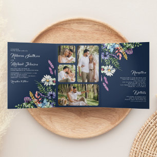 Convite Com Dobra Tripla Foto de Boho Wildflower All em um Marinho Casament