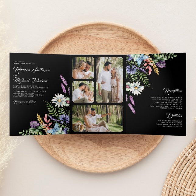 Convite Com Dobra Tripla Foto de Boho Wildflower em um casamento preto (Criador carregado)