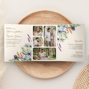 Convite Com Dobra Tripla Foto de Boho Wildflower Tudo em Um Casamento de Cr