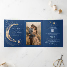 Convite Com Dobra Tripla Foto De Casamento Celestial Da Lua Crescente Sun H