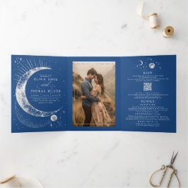 Convite Com Dobra Tripla Foto De Casamento Celestial Da Lua Crescente Sun H
