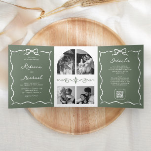 Convite Com Dobra Tripla Foto de casamento com código QR e laço branco em v