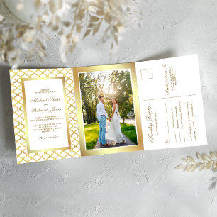 Convite Com Dobra Tripla Foto de casamento com quatro folhas marroquinas em