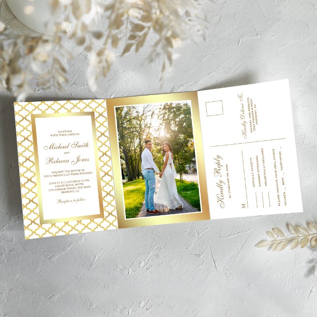 Convite Com Dobra Tripla Foto de casamento com quatro folhas marroquinas em (Criador carregado)