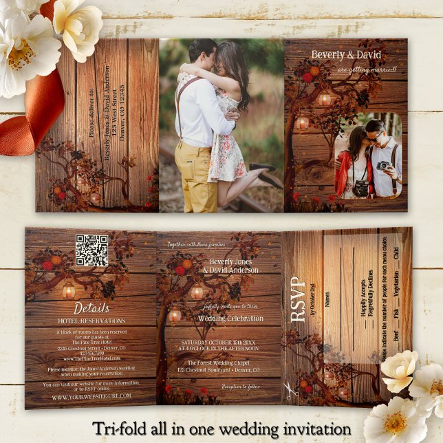 Convite Com Dobra Tripla Foto de casamento de árvore outonal rústica  (Tri-fold all in one photo wedding invitation showing a rustic wood design with fall tree and lantern)