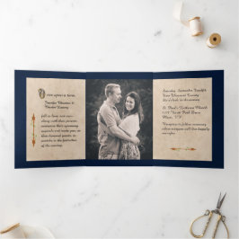 Convite Com Dobra Tripla Foto De Casamento De Fada De Livro Antiquado Com T