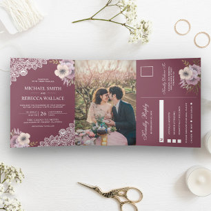 Convite Com Dobra Tripla Foto De Casamento De Luar Floral Rosa Elegante