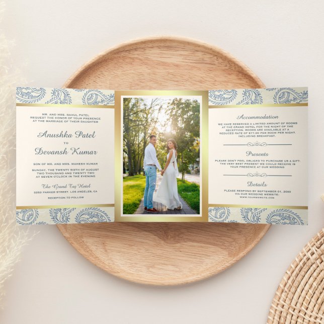 Convite Com Dobra Tripla Foto de Casamento do Estilo Índio Azul e Dourado P (Criador carregado)