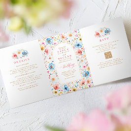 Convite Com Dobra Tripla Foto de Casamento do Jardim de Boho Elegante de Fl