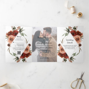 Convite Com Dobra Tripla Foto de casamento em aquarela Terracotta Fall