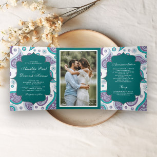 Convite Com Dobra Tripla Foto de casamento estilo indiano com paisley azul