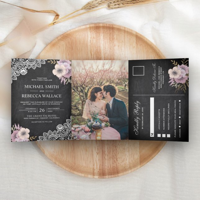 Convite Com Dobra Tripla Foto de Casamento Floral Rosa-Rosa-Rústico (Criador carregado)