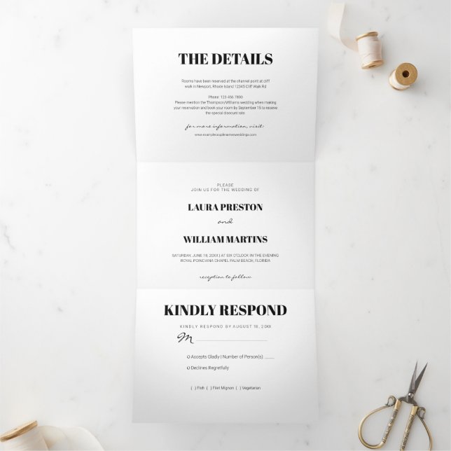 Convite Com Dobra Tripla Foto de casamento moderno com RSVP e Detalhes (Dentro)