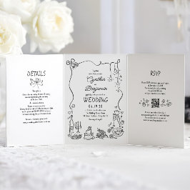 Convite Com Dobra Tripla Foto de Casamento Moderno das Doodles Whimsical