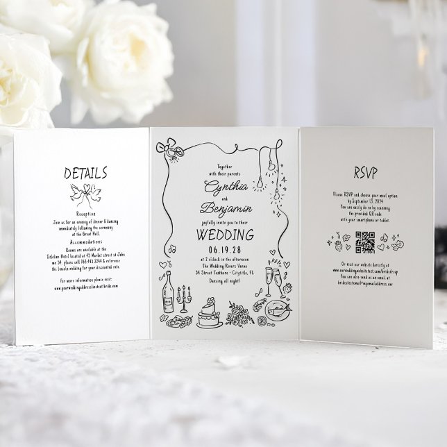 Convite Com Dobra Tripla Foto de Casamento Moderno das Doodles Whimsical (Hand drawn Whimsical Funky French Style Wedding Invitation)