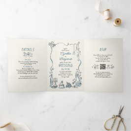 Convite Com Dobra Tripla Foto de Casamento Moderno das Doodles Whimsical