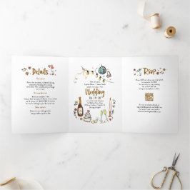 Convite Com Dobra Tripla Foto de Casamento Moderno das Doodles Whimsical