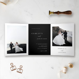 Convite Com Dobra Tripla Foto de Casamento Negro Elegante