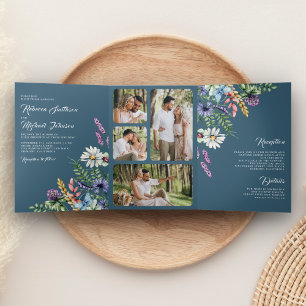 Convite Com Dobra Tripla Foto de Flor Silvestre Tudo em Um Casamento Azul E