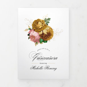 Convite Com Dobra Tripla Foto de Quinceañera Floral Bege e Dourado Vintage