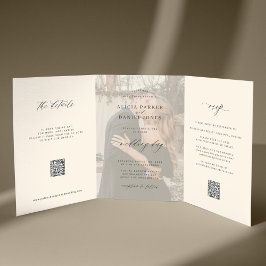 Convite Com Dobra Tripla Foto do casamento do marfim preto RSVP detalhes QR