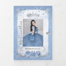 Convite Com Dobra Tripla Foto Elegante, Espanhol, Bebê Azul, Quinceanera