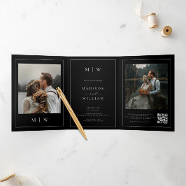 Convite Com Dobra Tripla Foto Elegante RSVP Detalhes do Código QR Casamento
