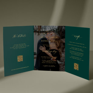 Convite Com Dobra Tripla Foto esmeralda verde dourado casamento RSVP detalh