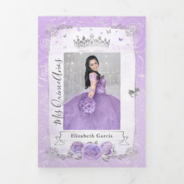 Convite Com Dobra Tripla Foto: Espanhol Light Purple e Silver Quinceanera