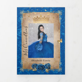 Convite Com Dobra Tripla Foto Espanhola Rosa Azul Dourada Quinceanera