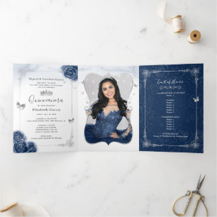 Convite Com Dobra Tripla Foto Floral Silver e Quinceanera Azul Marinho