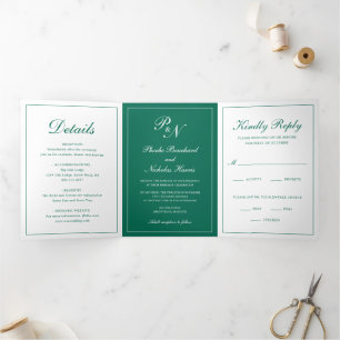 Convite Com Dobra Tripla Foto Formal Monograma Elegant Emerald Wedding