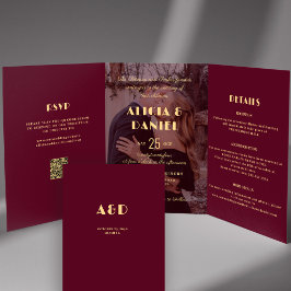 Convite Com Dobra Tripla Foto moderna burgundy gold detalhes do casamento