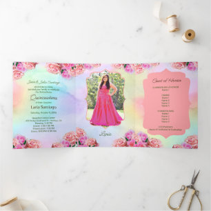 Convite Com Dobra Tripla Foto: Rosas Rosa Espanholas Rainbow Quinceanera