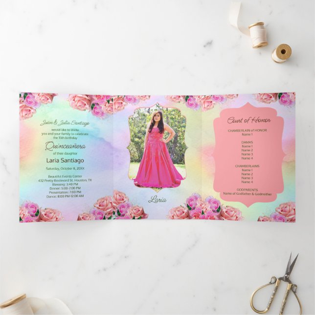 Convite Com Dobra Tripla Foto: Rosas Rosa Espanholas Rainbow Quinceanera (Dentro)